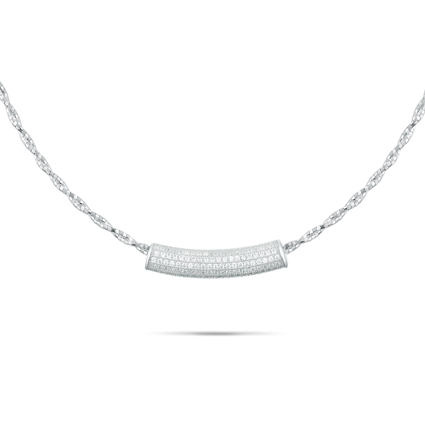 Dainty 925 Sterling Silver Curved Bar Necklace with Pave Simulated Diamonds - Minimalist Jewelry for Her