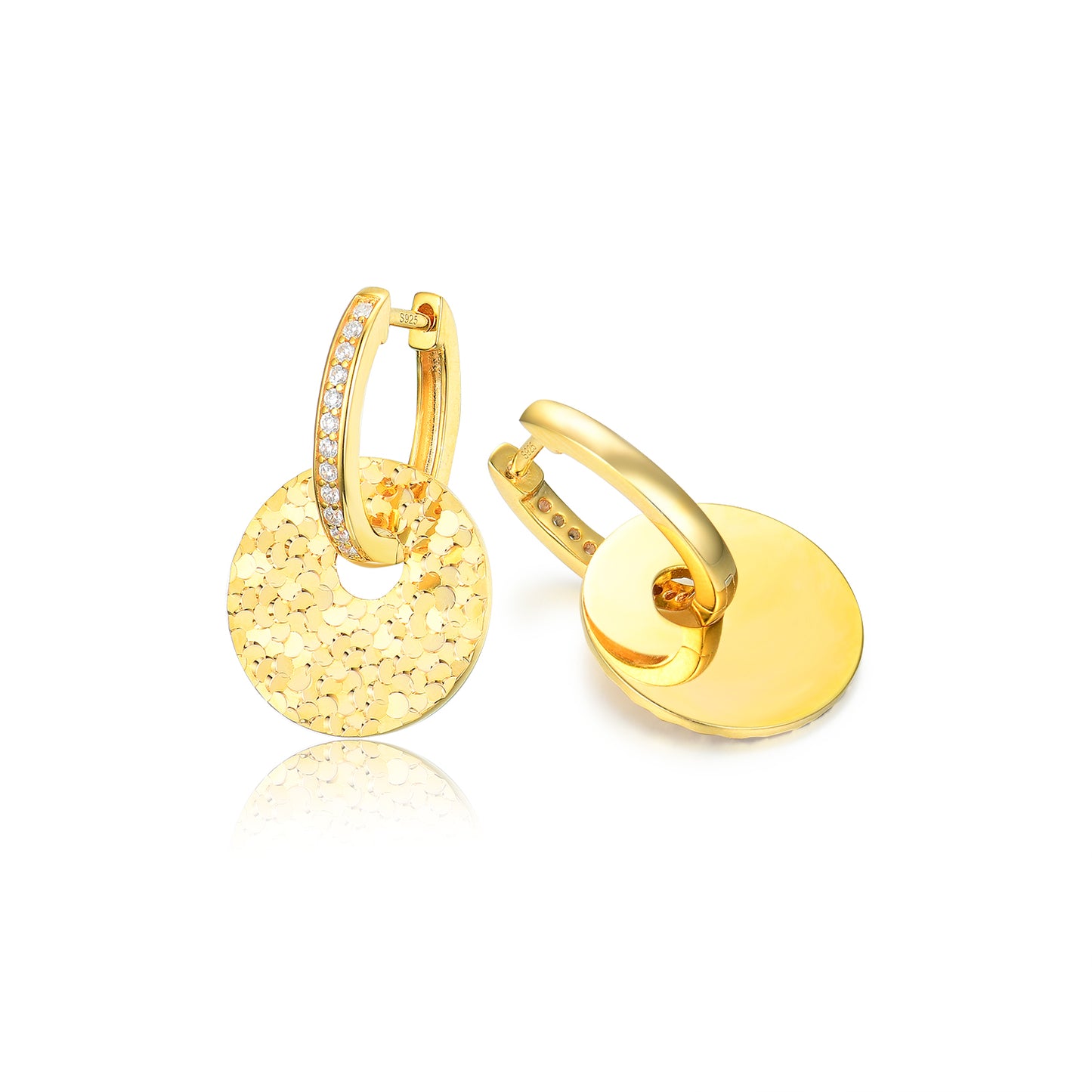 Hammered Coin Huggie Hoops with Sparkling Cubic Zirconia in S925 Sterling Silver