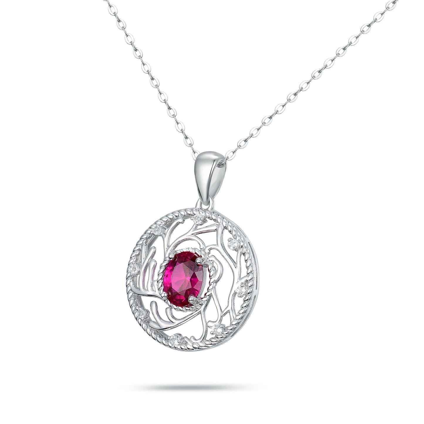 S925 Sterling Silver Tree of Life Necklace | Vintage Filigree Circle Pendant with Oval Ruby Simulant