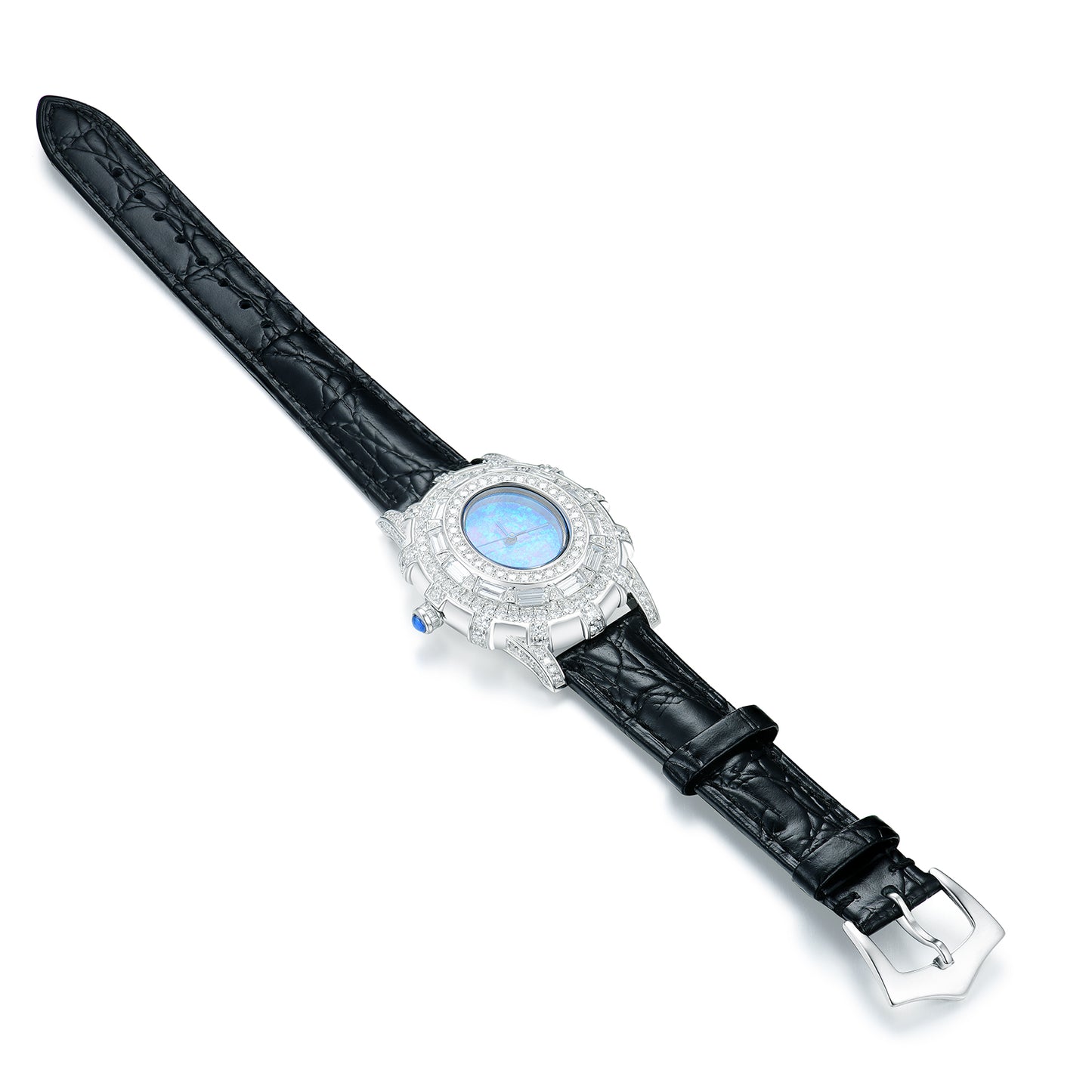 Luxury Oval Simulated Diamond Mechanical Watch with Genuine Leather Strap