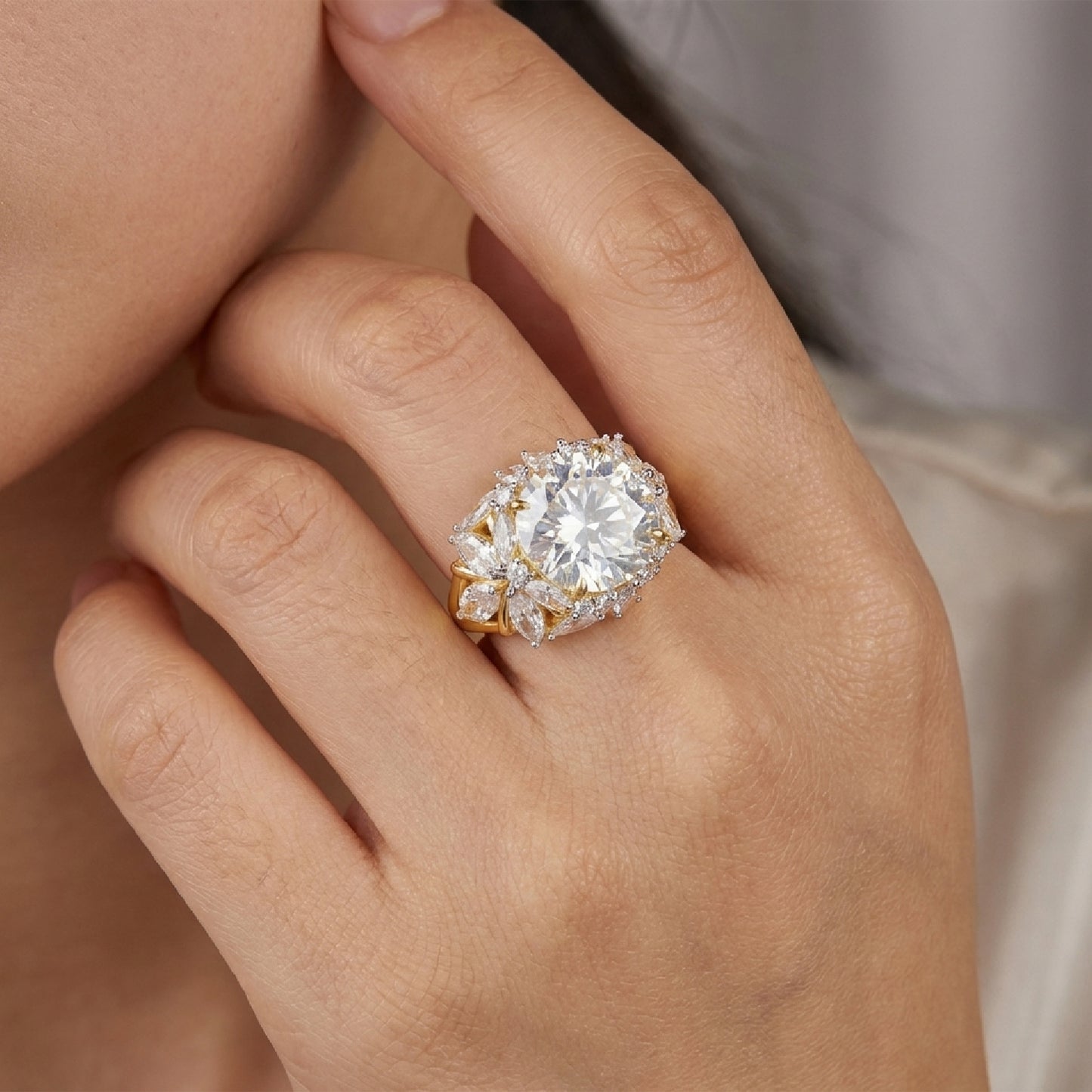 14K Plated Exquisite 12-Carat Oval Cut Simulated Diamond Ring – Floral Butterfly Halo in S925 Silver
