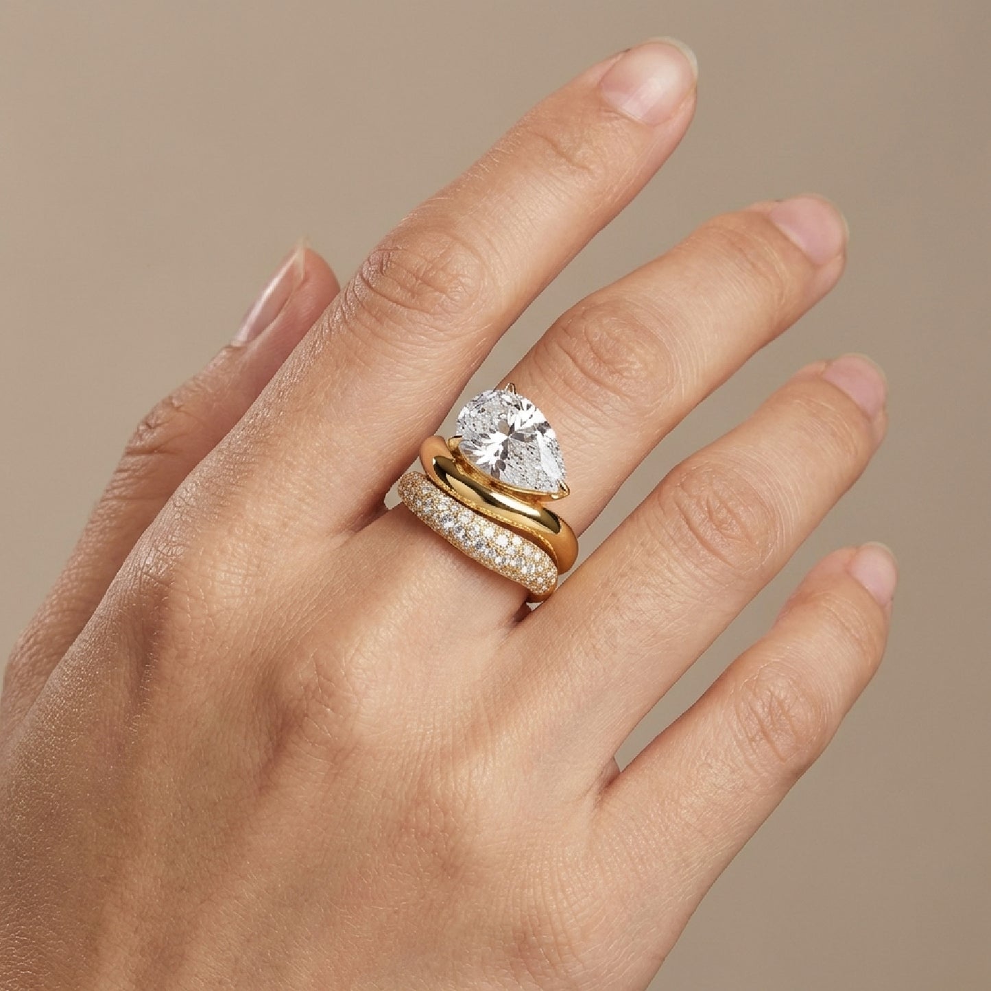 Pear Cut Simulated Diamond Engagement Ring Set for Women, 925 Sterling Silver 18K Gold Plated Wave Band Bridal Sets, Teardrop Pave Statement Ring