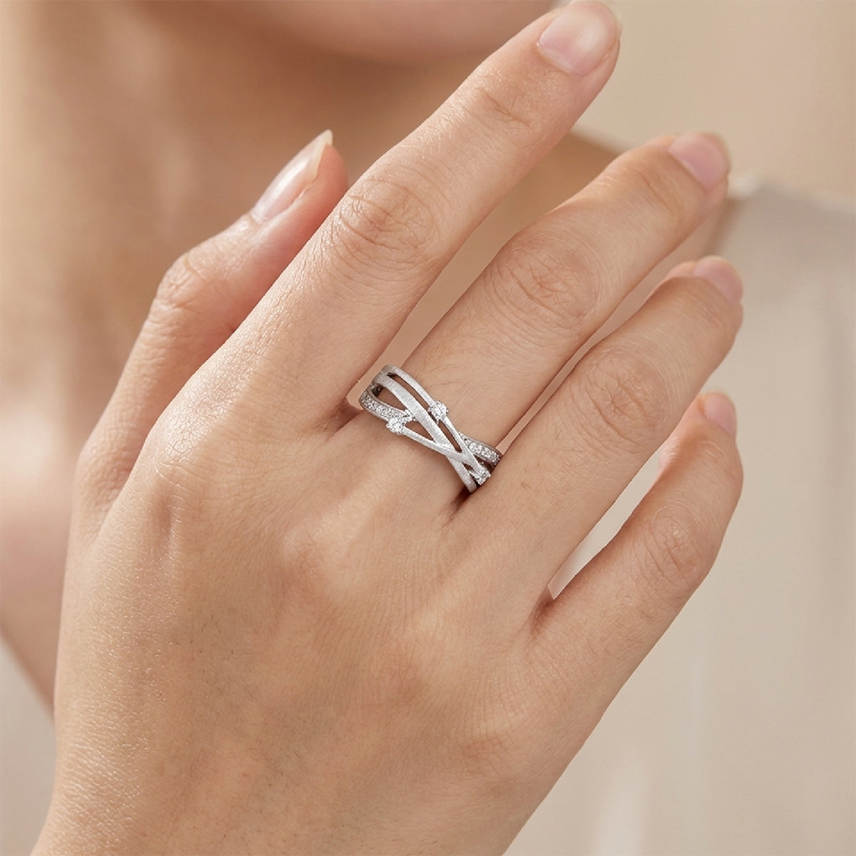 Handcrafted Moissanite Criss Cross Ring in S925 Sterling Silver - Brilliant Intertwined Multi-Layer Band for Women