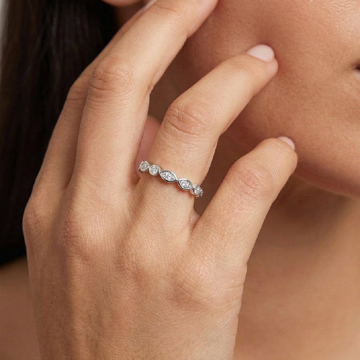The "Timeless Flow" Bezel Set Moissanite Ring - S925 Sterling Silver Alternating Pear & Round Eternity Band