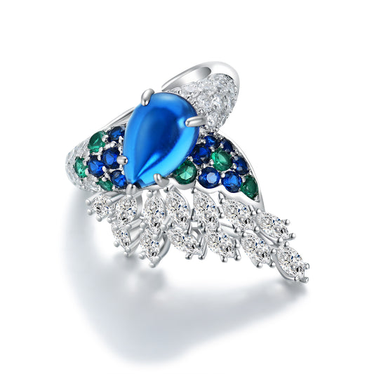 S925 Silver Blue Feather Light Luxury Ring