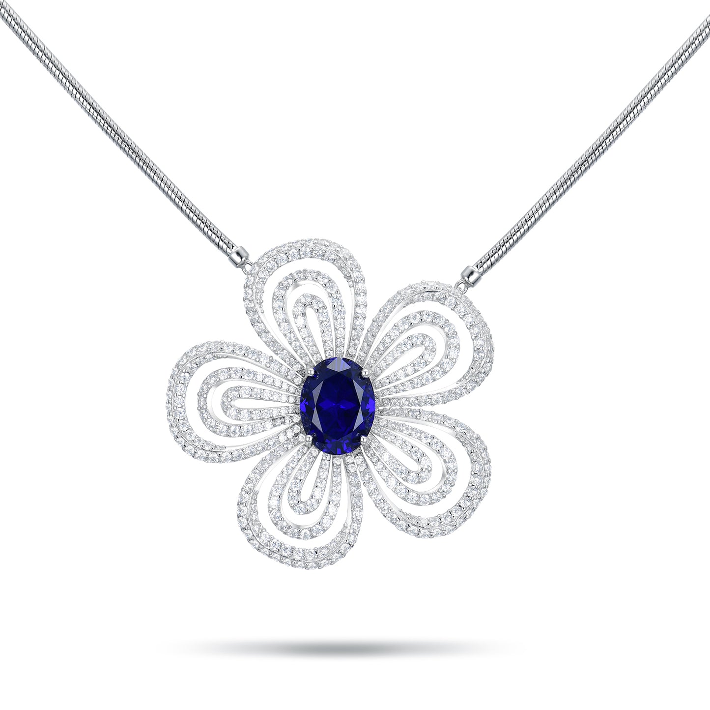"Midnight Bloom" Sapphire Statement Necklace - Deep Blue Oval Stone in S925 Silver