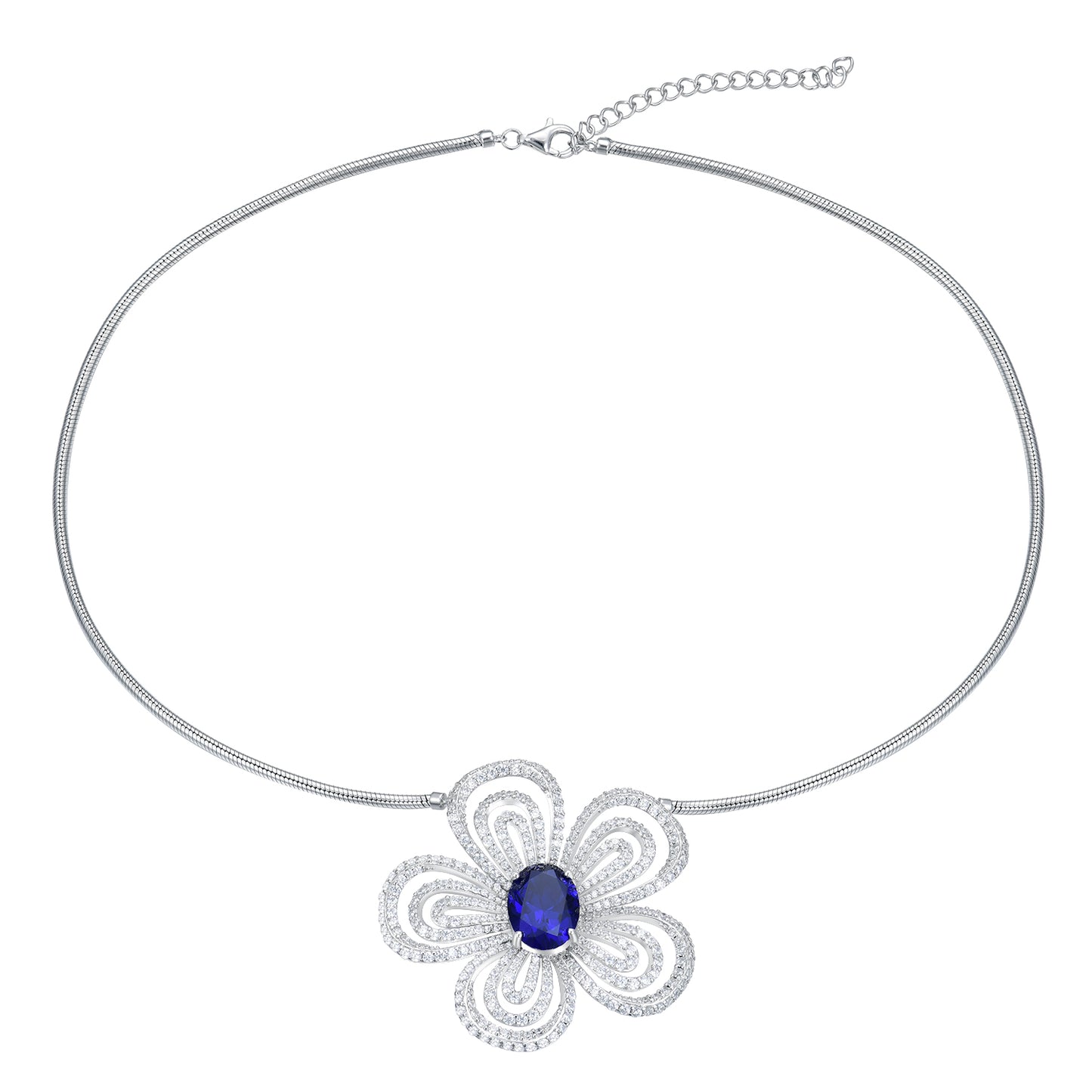 "Midnight Bloom" Sapphire Statement Necklace - Deep Blue Oval Stone in S925 Silver