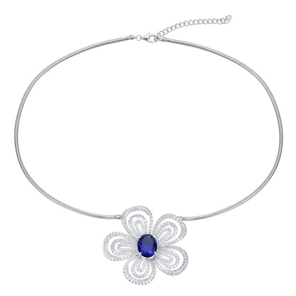 "Midnight Bloom" Sapphire Statement Necklace - Deep Blue Oval Stone in S925 Silver