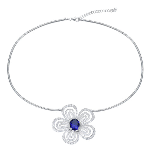 "Midnight Bloom" Sapphire Statement Necklace - Deep Blue Oval Stone in S925 Silver