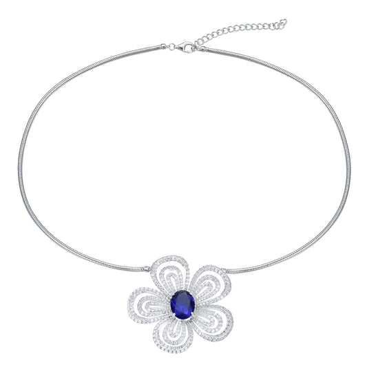 "Midnight Bloom" Sapphire Statement Necklace - Deep Blue Oval Stone in S925 Silver