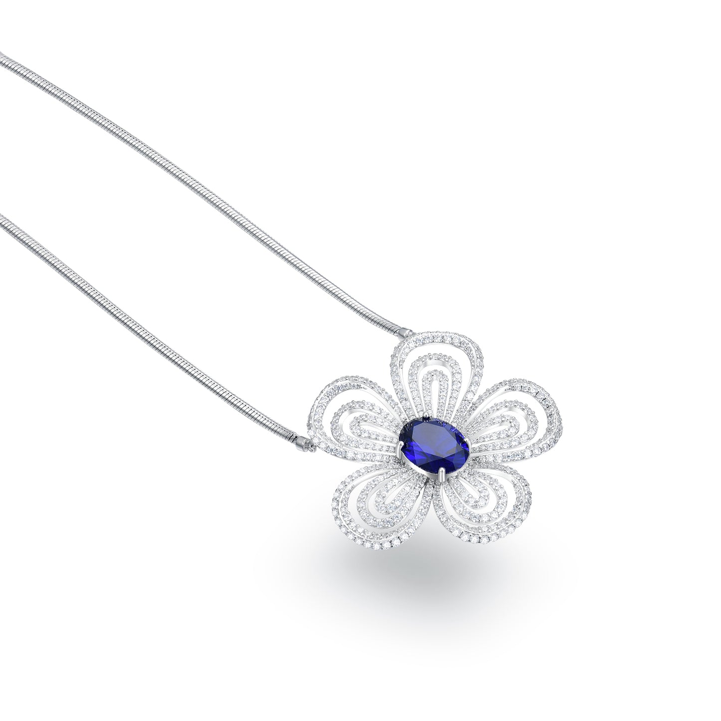 "Midnight Bloom" Sapphire Statement Necklace - Deep Blue Oval Stone in S925 Silver