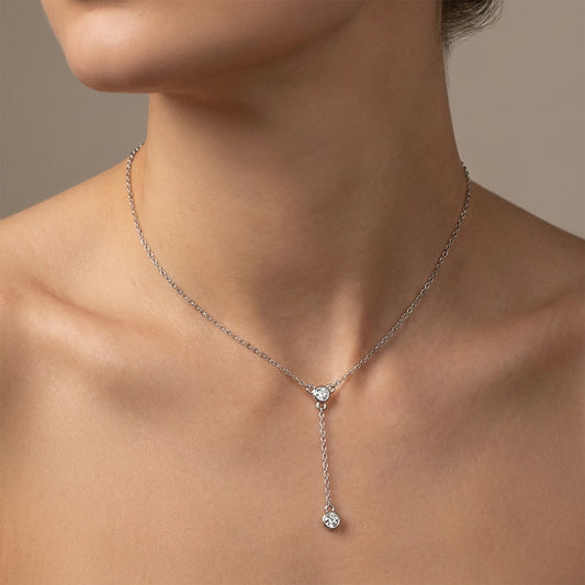 Moissanite Y-Necklace in 925 Sterling Silver, Round Cut Lab Moissanite  Drop Pendant, Minimalist Bridal Jewelry