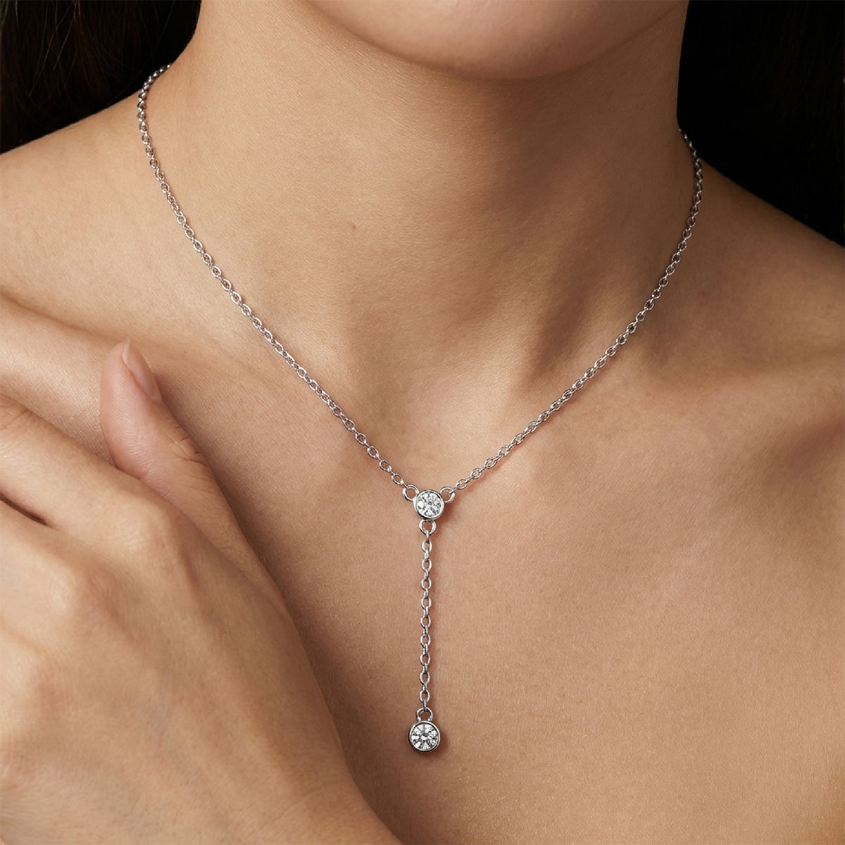 Moissanite Y-Necklace in 925 Sterling Silver, Round Cut Lab Moissanite  Drop Pendant, Minimalist Bridal Jewelry