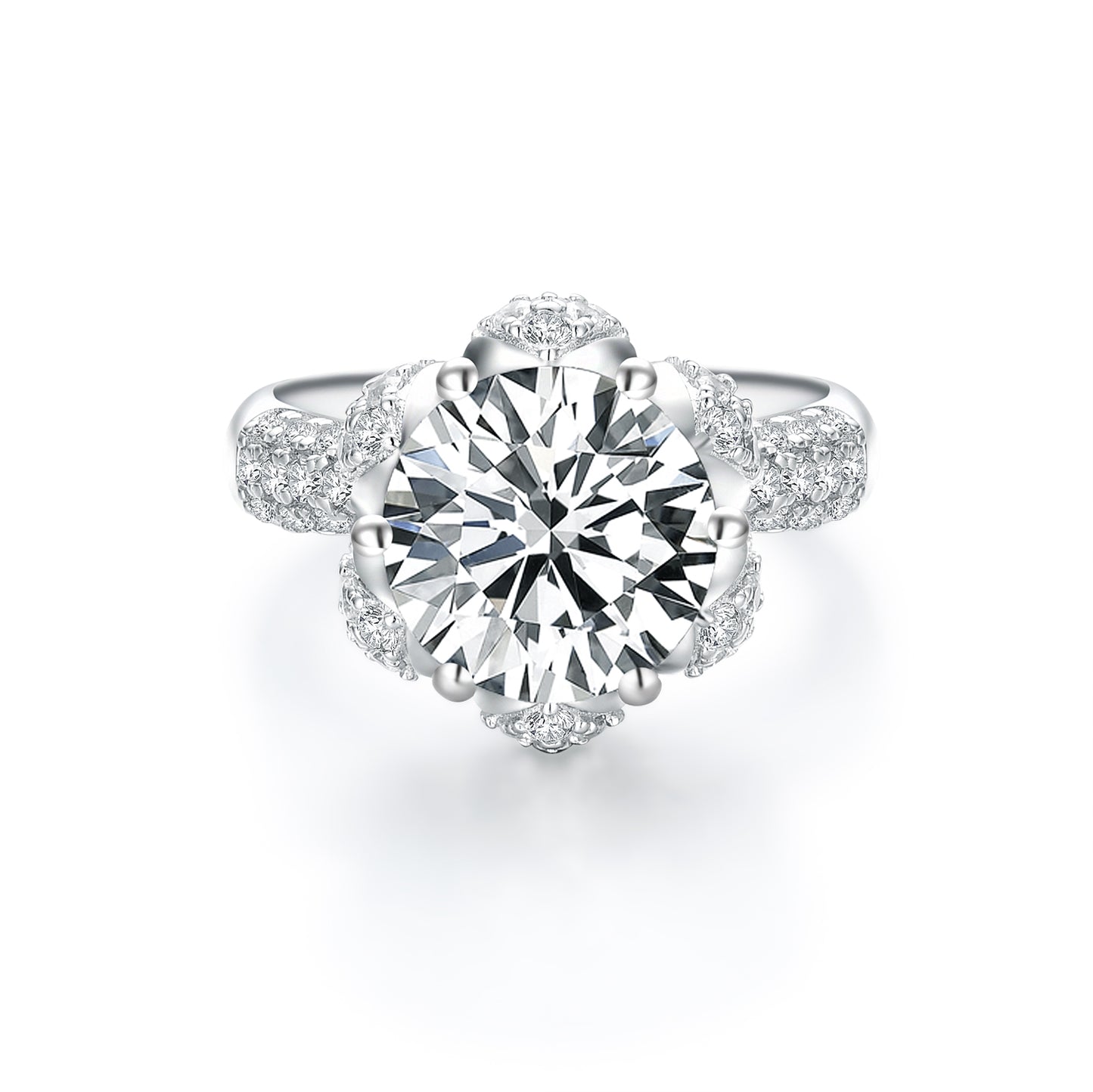 Radiant Blossom Round Cut Simulated Diamond Engagement Ring - S925 Sterling Silver with 18K White Gold Vermeil