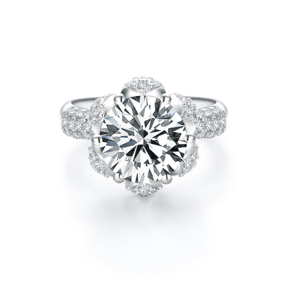 Radiant Blossom Round Cut Simulated Diamond Engagement Ring - S925 Sterling Silver with 18K White Gold Vermeil