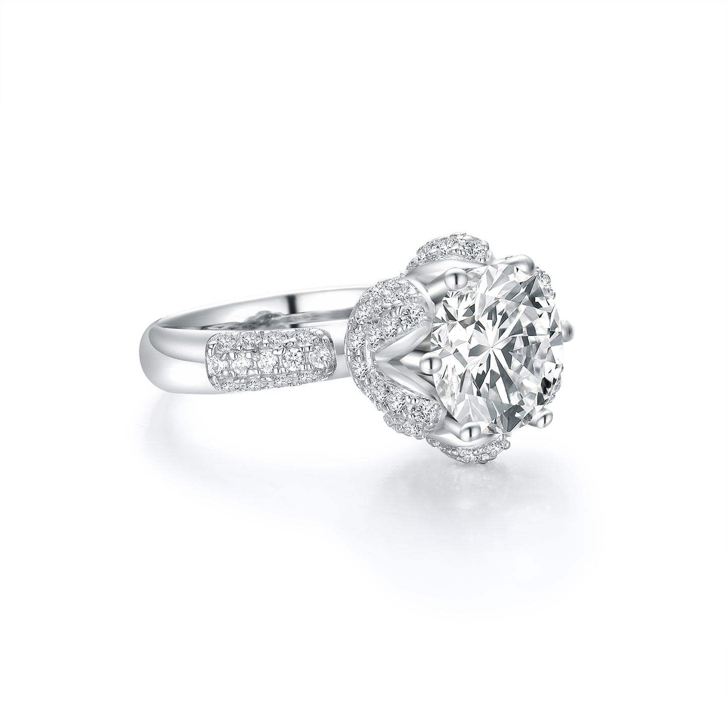 Radiant Blossom Round Cut Simulated Diamond Engagement Ring - S925 Sterling Silver with 18K White Gold Vermeil
