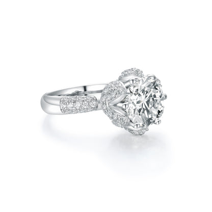 Radiant Blossom Round Cut Simulated Diamond Engagement Ring - S925 Sterling Silver with 18K White Gold Vermeil