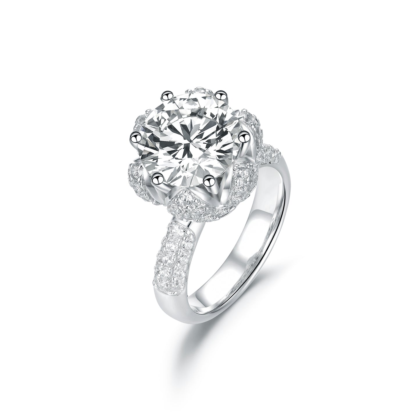 Radiant Blossom Round Cut Simulated Diamond Engagement Ring - S925 Sterling Silver with 18K White Gold Vermeil