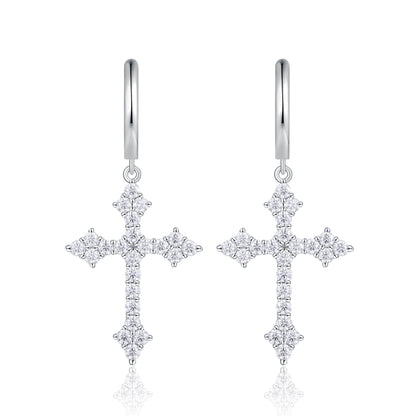 S925 Sterling Silver Moissanite Cross Dangle Hoop Earrings - VVS1 Lab Grown Diamond Alternative Cross Earrings for Women