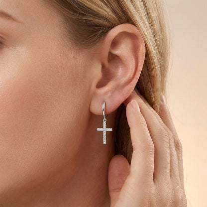 Eternal Light Dangle Cross Hoops - D Color VVS1 Moissanite in Sterling Silver