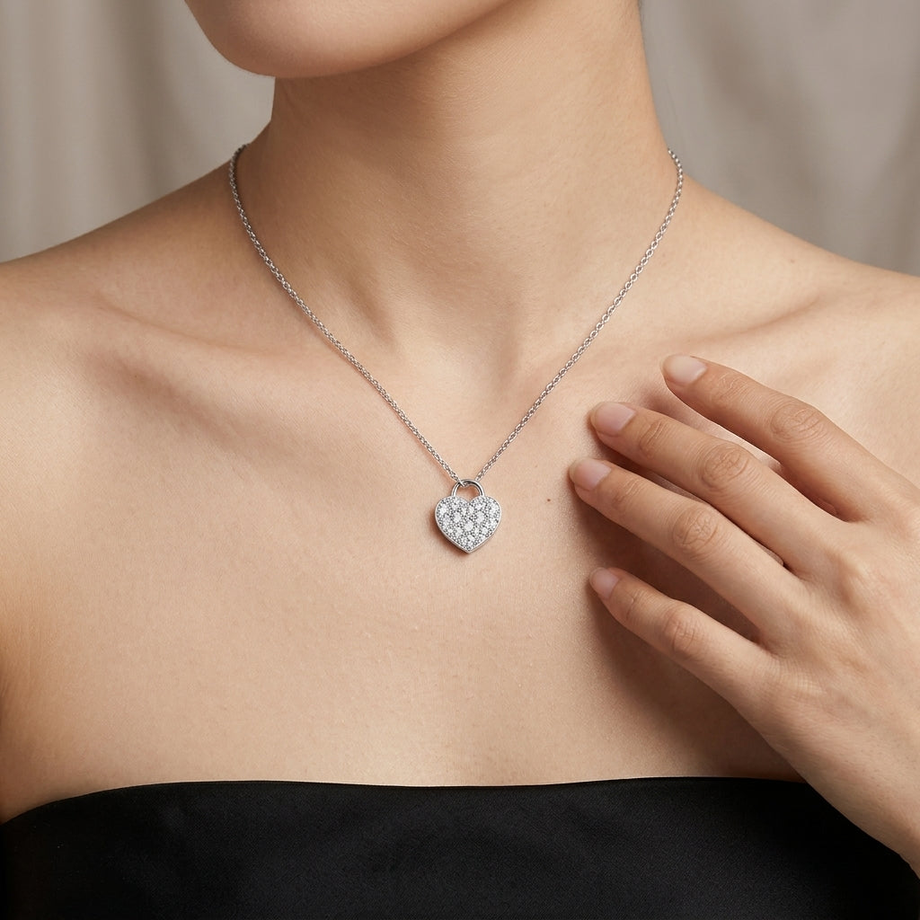 "Spark of Forever" Moissanite Pave Heart Lock Necklace in S925 Sterling Silver