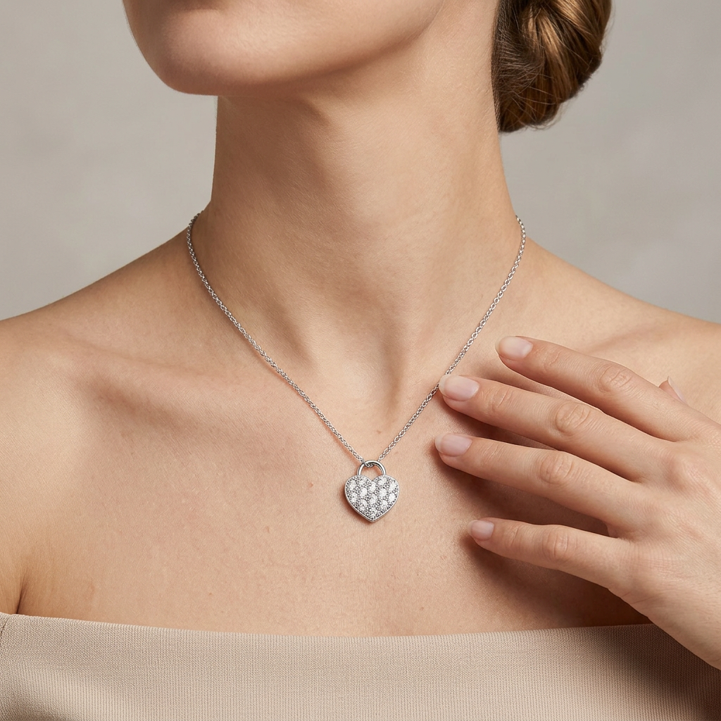 "Spark of Forever" Moissanite Pave Heart Lock Necklace in S925 Sterling Silver