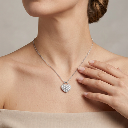 "Spark of Forever" Moissanite Pave Heart Lock Necklace in S925 Sterling Silver