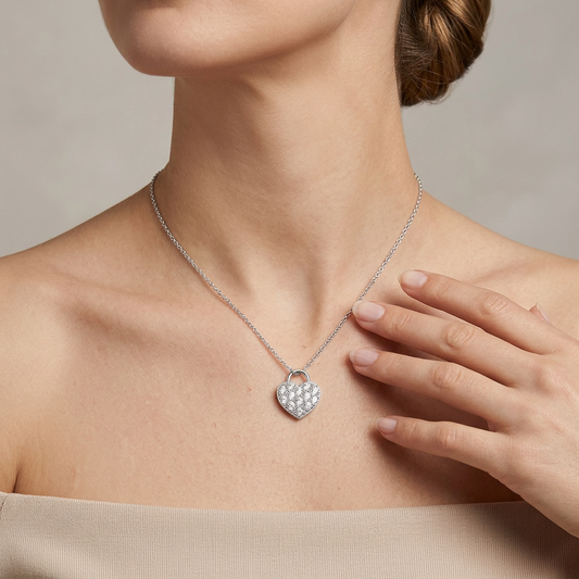"Spark of Forever" Moissanite Pave Heart Lock Necklace in S925 Sterling Silver