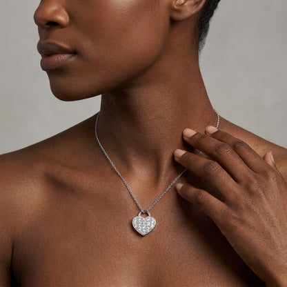 "Spark of Forever" Moissanite Pave Heart Lock Necklace in S925 Sterling Silver