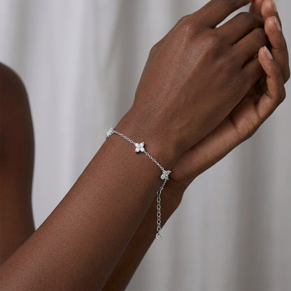 The "Bloom-in-Light" Bracelet: Lab-Grown Moissanite 4-Petal Flower Chain in Rhodium-Finished Silver