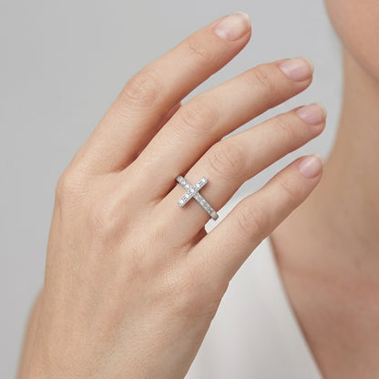 "The Eternal Light" - S925 Sterling Silver Sideways Cross Ring with Brilliant Moissanite