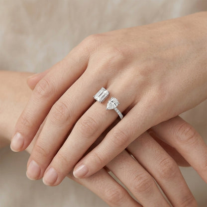 Toi et Moi Moissanite Ring - Pear & Emerald Cut Duo - S925 Sterling Silver Statement Band