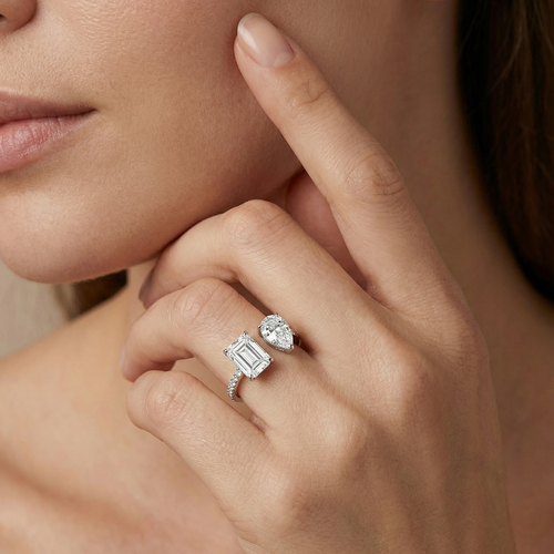 Toi et Moi Moissanite Ring - Pear & Emerald Cut Duo - S925 Sterling Silver Statement Band