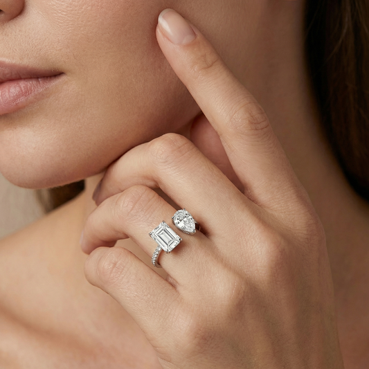 Toi et Moi Moissanite Ring - Pear & Emerald Cut Duo - S925 Sterling Silver Statement Band