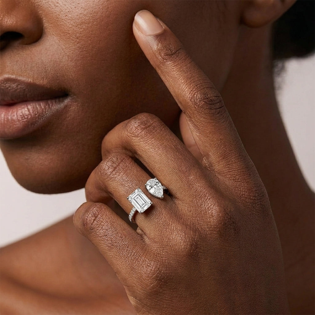 Toi et Moi Moissanite Ring - Pear & Emerald Cut Duo - S925 Sterling Silver Statement Band