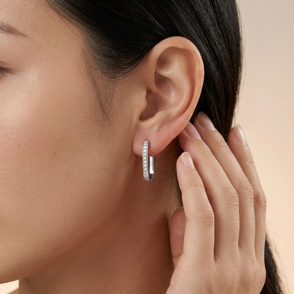 S925 Sterling Silver Moissanite Elongated U-Hoop Earrings | Minimalist Chic