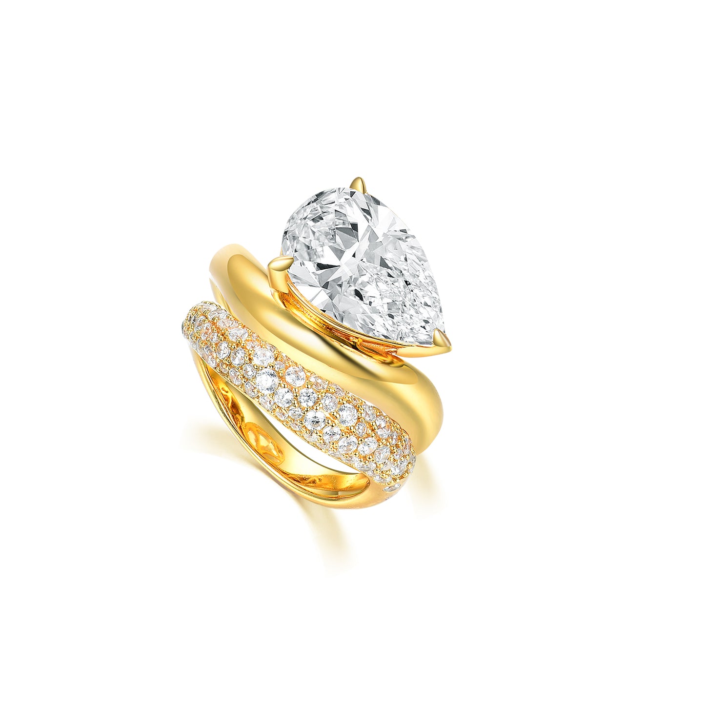 Pear Cut Simulated Diamond Engagement Ring Set for Women, 925 Sterling Silver 18K Gold Plated Wave Band Bridal Sets, Teardrop Pave Statement Ring