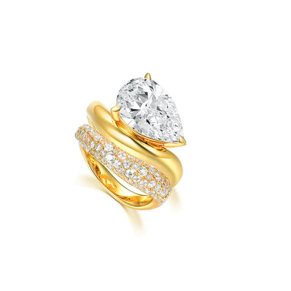 Pear Cut Simulated Diamond Engagement Ring Set for Women, 925 Sterling Silver 18K Gold Plated Wave Band Bridal Sets, Teardrop Pave Statement Ring