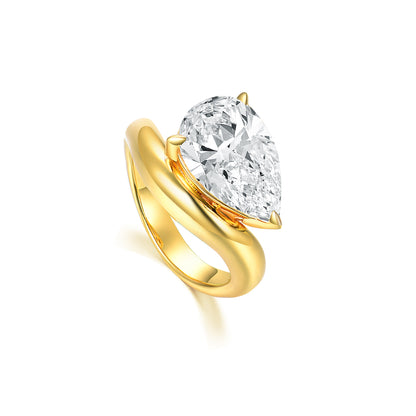 Pear Cut Simulated Diamond Engagement Ring Set for Women, 925 Sterling Silver 18K Gold Plated Wave Band Bridal Sets, Teardrop Pave Statement Ring