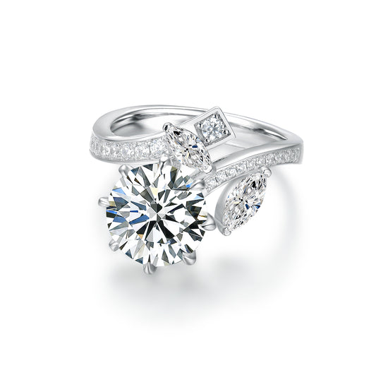 Elegant S925 Silver Open Bypass Ring - Round & Marquise Simulated Diamond Engagement Ring
