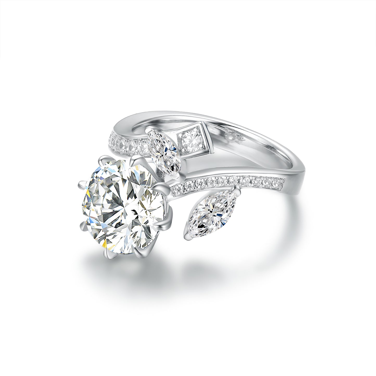 Elegant S925 Silver Open Bypass Ring - Round & Marquise Simulated Diamond Engagement Ring