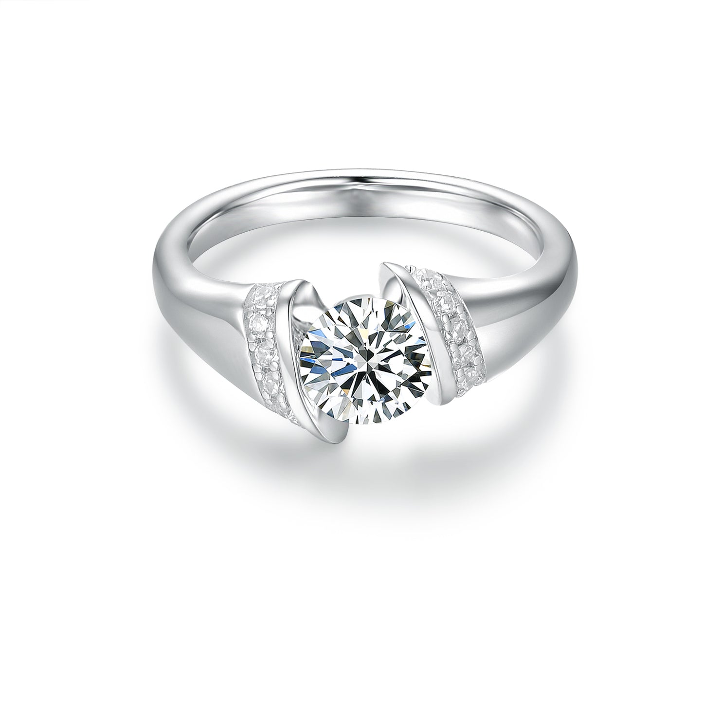 Modern Tension-Set Simulated Diamond Engagement Ring - Round Cut Floating Solitaire with Pavé Accents - Ideal Travel Ring or Anniversary Gift