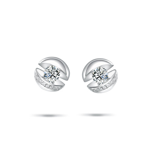 Elegant Bypass Ribbon Stud Earrings – Round Cut Simulated Diamond in S925 Sterling Silver, Contemporary Wave Design