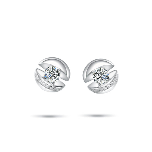 Elegant Bypass Ribbon Stud Earrings – Round Cut Simulated Diamond in S925 Sterling Silver, Contemporary Wave Design