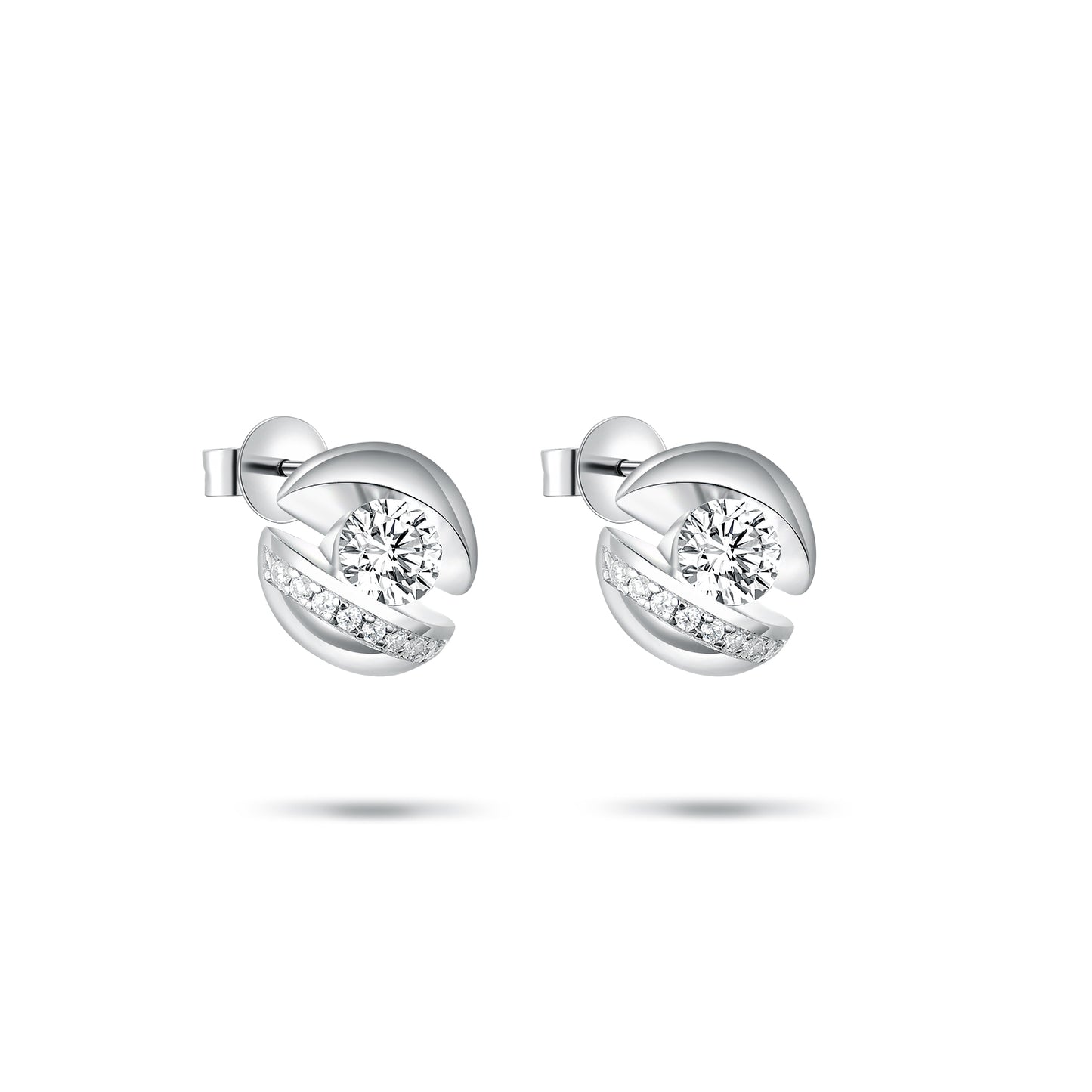 Elegant Bypass Ribbon Stud Earrings – Round Cut Simulated Diamond in S925 Sterling Silver, Contemporary Wave Design