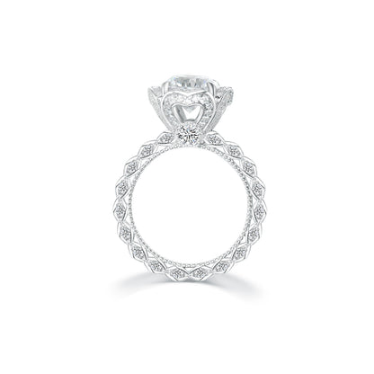 Vintage Floral Halo Engagement Ring - 3.0ct Cushion/Round Cut Simulated Diamond in S925 Sterling Silver - Romantic Sunflower Wedding Band for Women