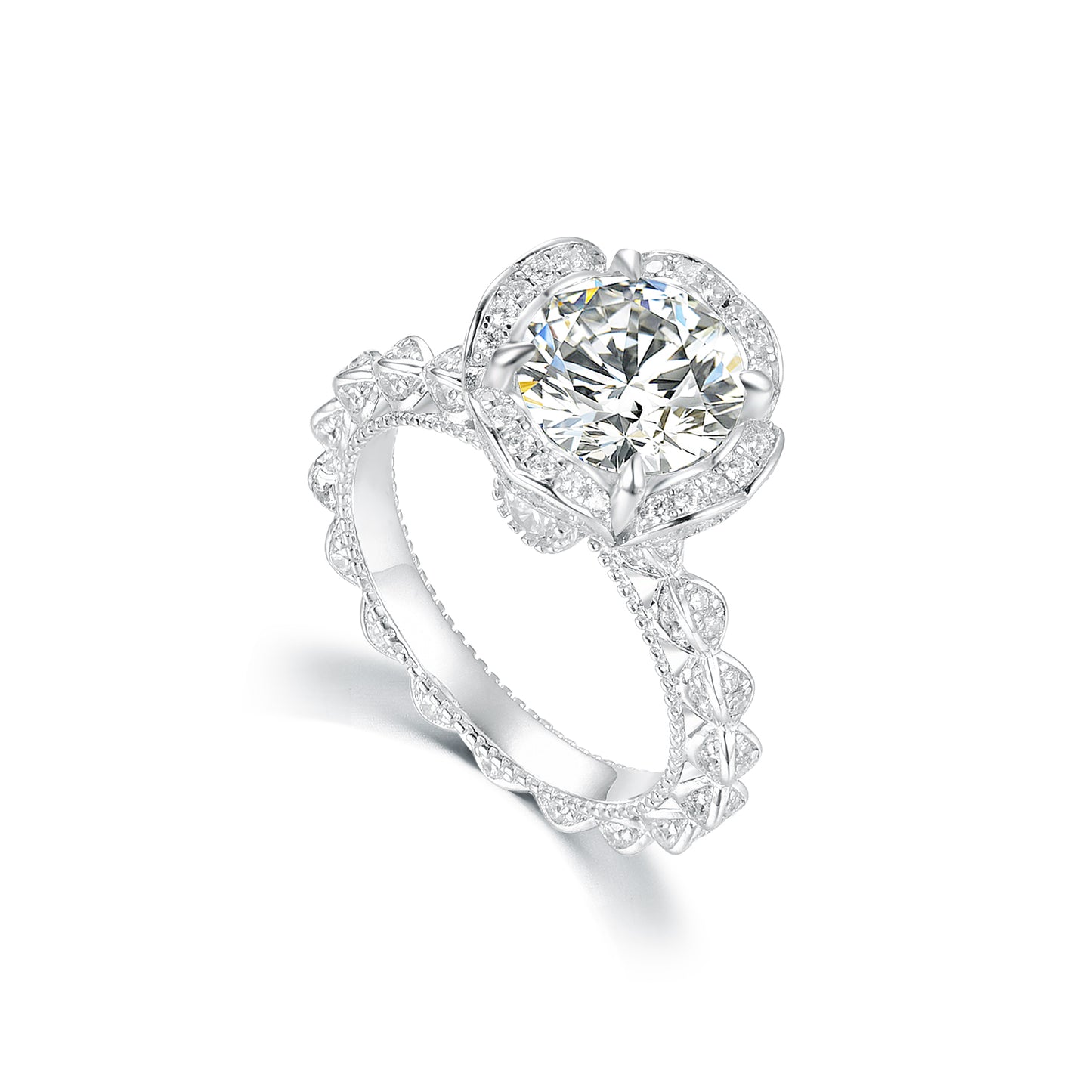 Vintage Floral Halo Engagement Ring - 3.0ct Cushion/Round Cut Simulated Diamond in S925 Sterling Silver - Romantic Sunflower Wedding Band for Women