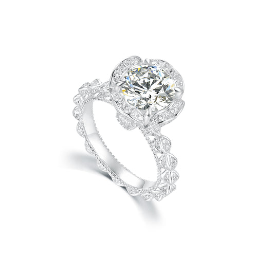 Vintage Floral Halo Engagement Ring - 3.0ct Cushion/Round Cut Simulated Diamond in S925 Sterling Silver - Romantic Sunflower Wedding Band for Women