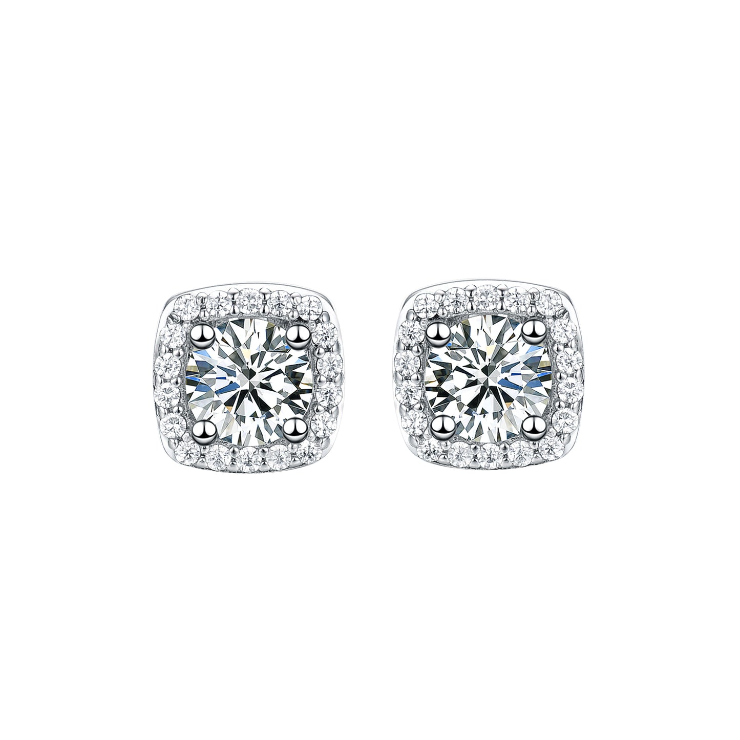 925 Sterling Silver Halo Stud Earrings - Round Cut Simulated Diamond Square Cushion Studs, 14K White Gold Plated, Hypoallergenic Jewelry for Women
