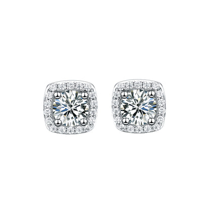 925 Sterling Silver Halo Stud Earrings - Round Cut Simulated Diamond Square Cushion Studs, 14K White Gold Plated, Hypoallergenic Jewelry for Women